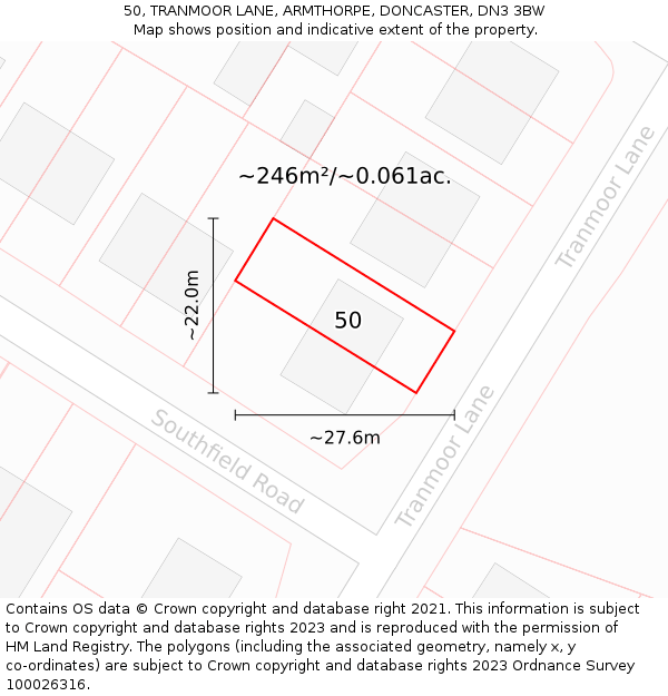 50, TRANMOOR LANE, ARMTHORPE, DONCASTER, DN3 3BW: Plot and title map