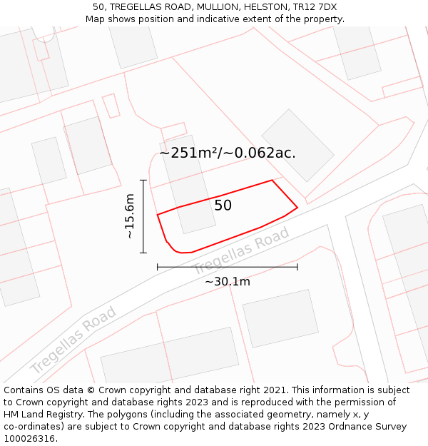 50, TREGELLAS ROAD, MULLION, HELSTON, TR12 7DX: Plot and title map