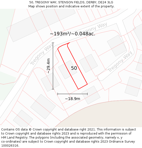 50, TREGONY WAY, STENSON FIELDS, DERBY, DE24 3LG: Plot and title map