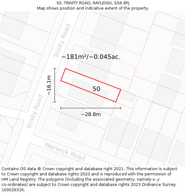 50, TRINITY ROAD, RAYLEIGH, SS6 8PJ: Plot and title map