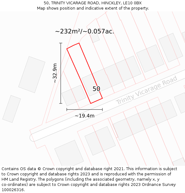 50, TRINITY VICARAGE ROAD, HINCKLEY, LE10 0BX: Plot and title map