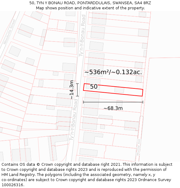 50, TYN Y BONAU ROAD, PONTARDDULAIS, SWANSEA, SA4 8RZ: Plot and title map