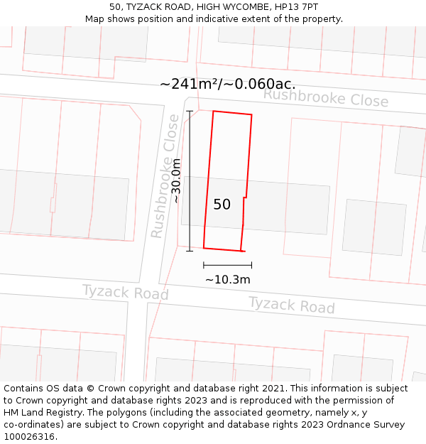 50, TYZACK ROAD, HIGH WYCOMBE, HP13 7PT: Plot and title map