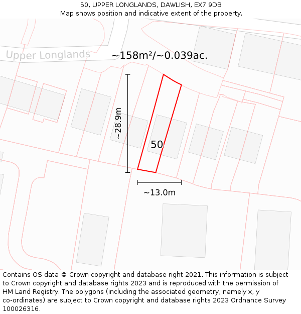 50, UPPER LONGLANDS, DAWLISH, EX7 9DB: Plot and title map