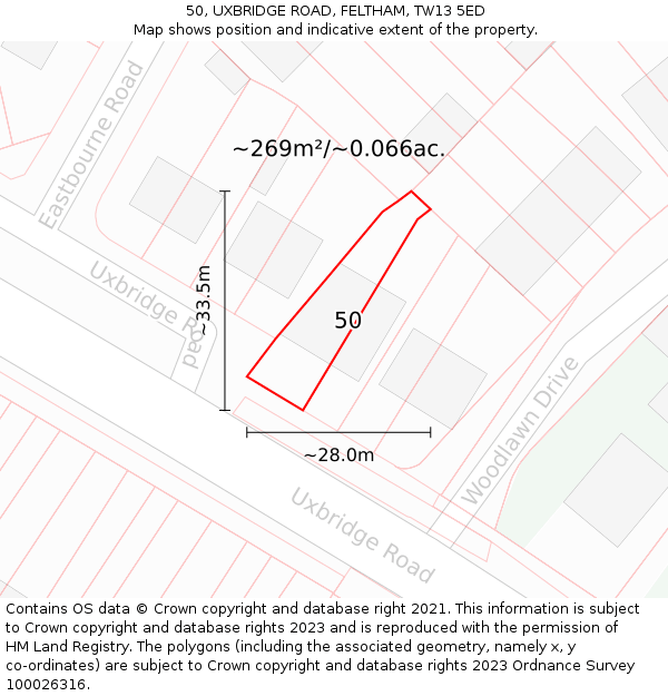 50, UXBRIDGE ROAD, FELTHAM, TW13 5ED: Plot and title map