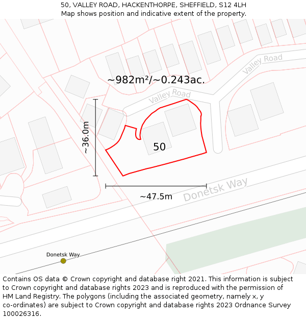 50, VALLEY ROAD, HACKENTHORPE, SHEFFIELD, S12 4LH: Plot and title map