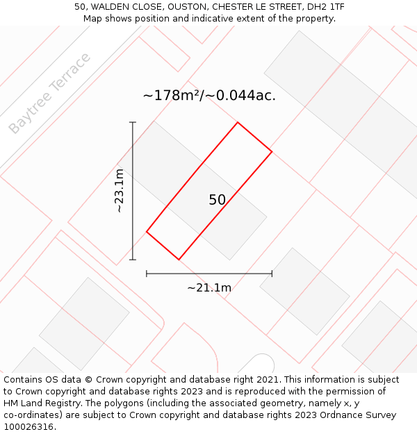 50, WALDEN CLOSE, OUSTON, CHESTER LE STREET, DH2 1TF: Plot and title map