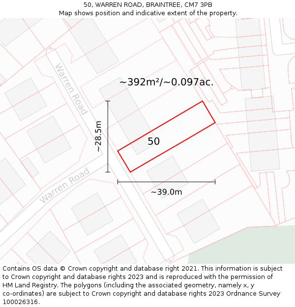50, WARREN ROAD, BRAINTREE, CM7 3PB: Plot and title map