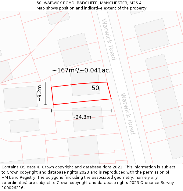 50, WARWICK ROAD, RADCLIFFE, MANCHESTER, M26 4HL: Plot and title map