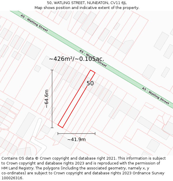 50, WATLING STREET, NUNEATON, CV11 6JL: Plot and title map