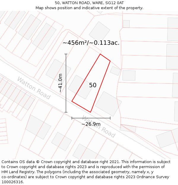 50, WATTON ROAD, WARE, SG12 0AT: Plot and title map