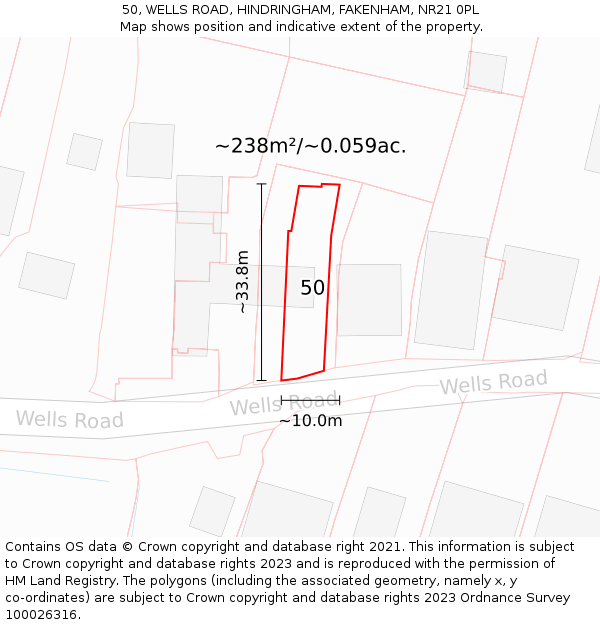 50, WELLS ROAD, HINDRINGHAM, FAKENHAM, NR21 0PL: Plot and title map