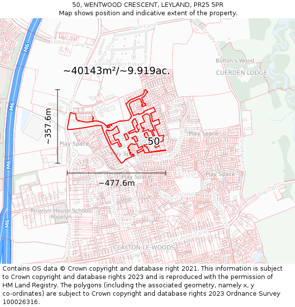 50, WENTWOOD CRESCENT, LEYLAND, PR25 5PR: Plot and title map