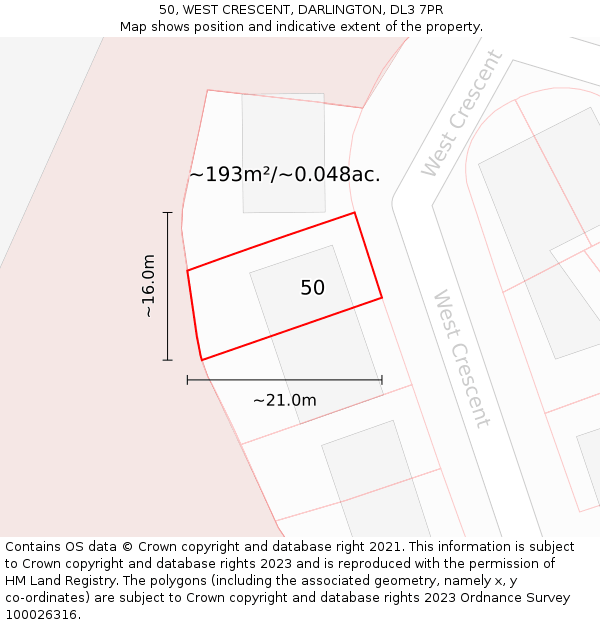 50, WEST CRESCENT, DARLINGTON, DL3 7PR: Plot and title map