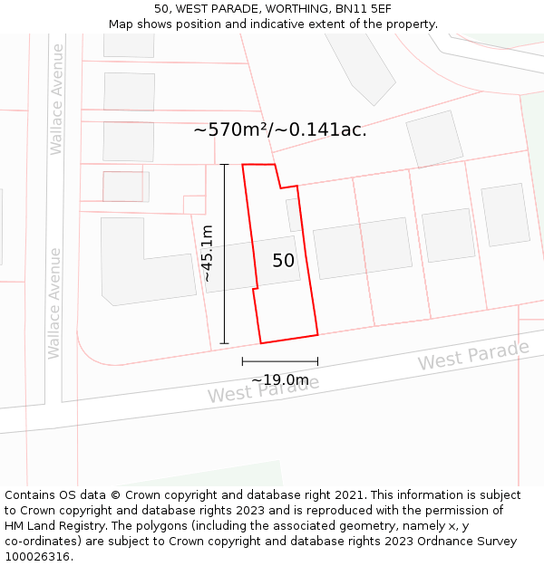 50, WEST PARADE, WORTHING, BN11 5EF: Plot and title map