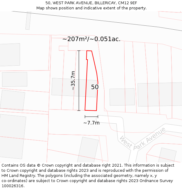50, WEST PARK AVENUE, BILLERICAY, CM12 9EF: Plot and title map