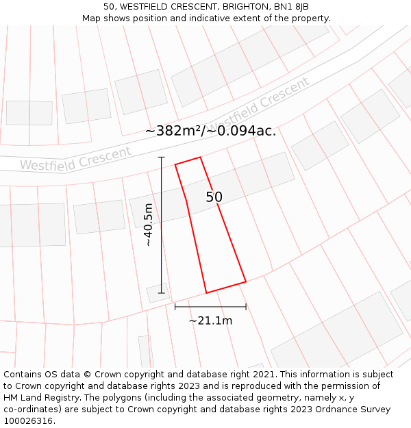 50, WESTFIELD CRESCENT, BRIGHTON, BN1 8JB: Plot and title map