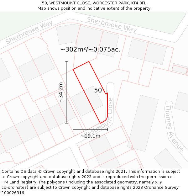 50, WESTMOUNT CLOSE, WORCESTER PARK, KT4 8FL: Plot and title map