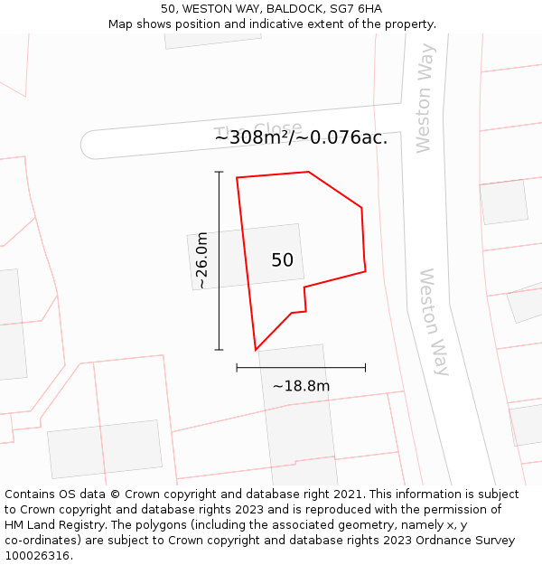 50, WESTON WAY, BALDOCK, SG7 6HA: Plot and title map
