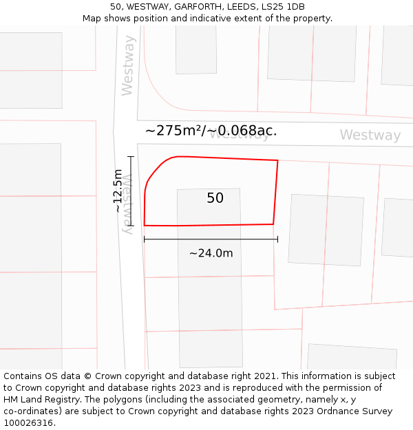 50, WESTWAY, GARFORTH, LEEDS, LS25 1DB: Plot and title map