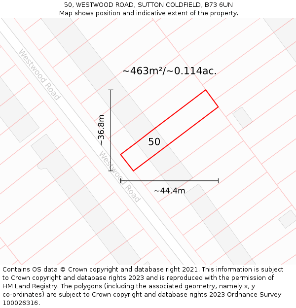 50, WESTWOOD ROAD, SUTTON COLDFIELD, B73 6UN: Plot and title map