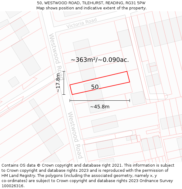 50, WESTWOOD ROAD, TILEHURST, READING, RG31 5PW: Plot and title map