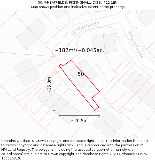 50, WHEATFIELDS, RICKINGHALL, DISS, IP22 1EN: Plot and title map