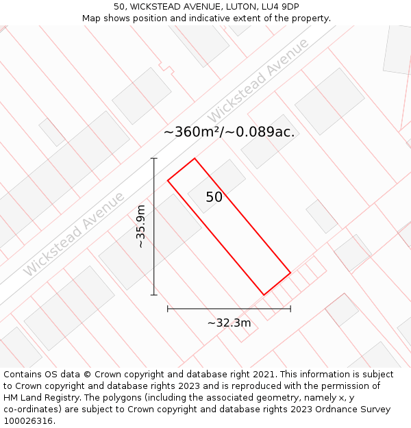50, WICKSTEAD AVENUE, LUTON, LU4 9DP: Plot and title map