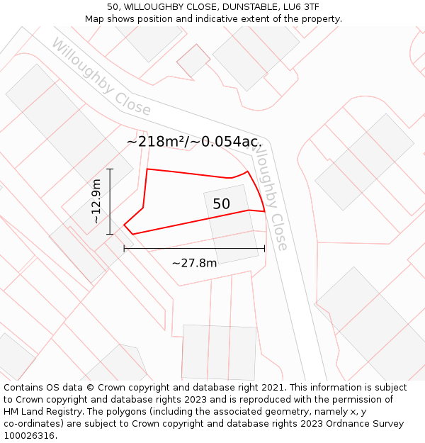 50, WILLOUGHBY CLOSE, DUNSTABLE, LU6 3TF: Plot and title map