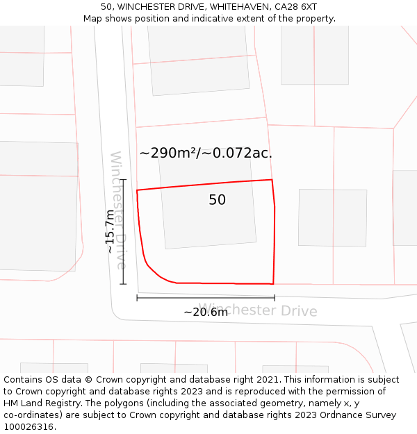 50, WINCHESTER DRIVE, WHITEHAVEN, CA28 6XT: Plot and title map