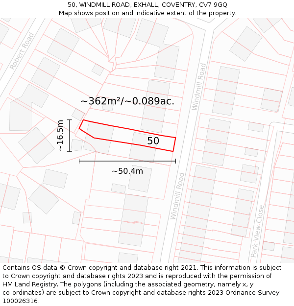 50, WINDMILL ROAD, EXHALL, COVENTRY, CV7 9GQ: Plot and title map