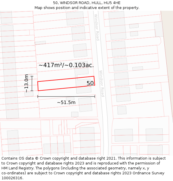 50, WINDSOR ROAD, HULL, HU5 4HE: Plot and title map