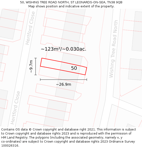 50, WISHING TREE ROAD NORTH, ST LEONARDS-ON-SEA, TN38 9QB: Plot and title map