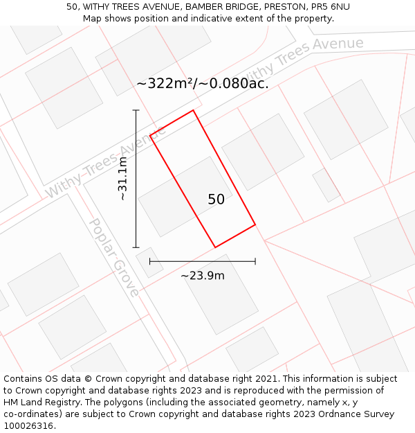 50, WITHY TREES AVENUE, BAMBER BRIDGE, PRESTON, PR5 6NU: Plot and title map