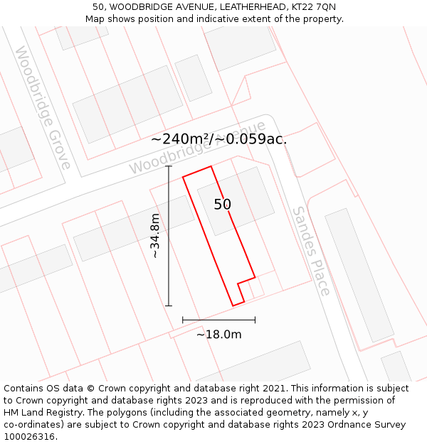50, WOODBRIDGE AVENUE, LEATHERHEAD, KT22 7QN: Plot and title map