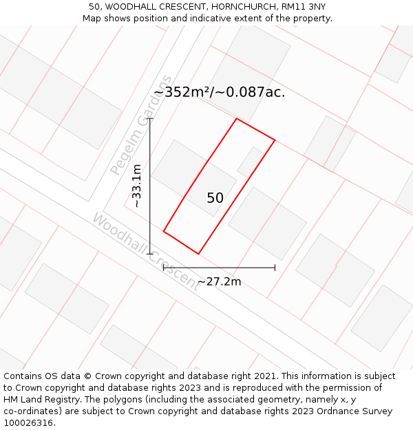 50, WOODHALL CRESCENT, HORNCHURCH, RM11 3NY: Plot and title map