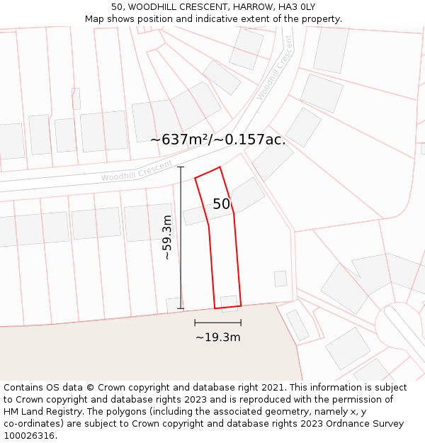 50, WOODHILL CRESCENT, HARROW, HA3 0LY: Plot and title map