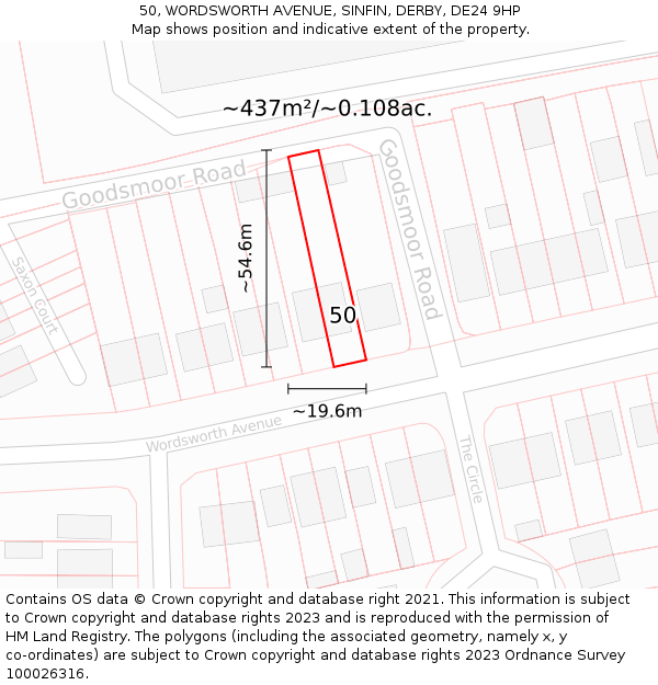 50, WORDSWORTH AVENUE, SINFIN, DERBY, DE24 9HP: Plot and title map