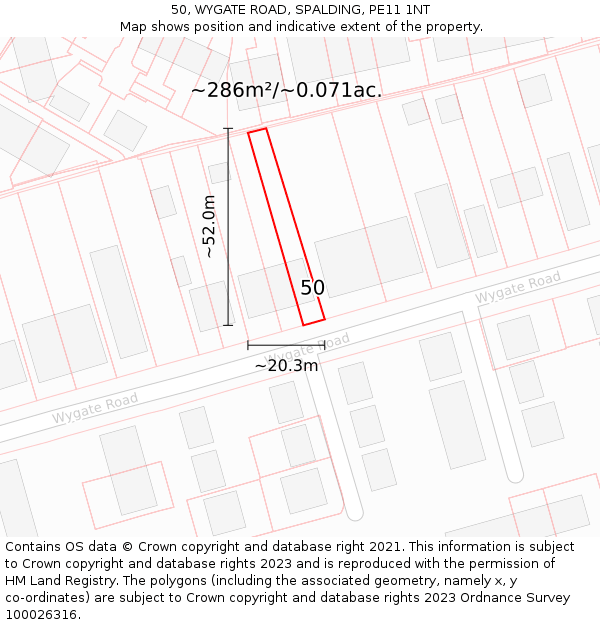 50, WYGATE ROAD, SPALDING, PE11 1NT: Plot and title map