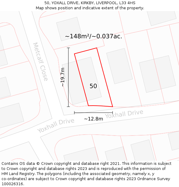 50, YOXALL DRIVE, KIRKBY, LIVERPOOL, L33 4HS: Plot and title map