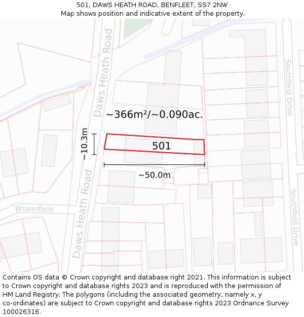 501, DAWS HEATH ROAD, BENFLEET, SS7 2NW: Plot and title map