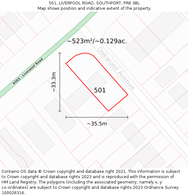 501, LIVERPOOL ROAD, SOUTHPORT, PR8 3BL: Plot and title map