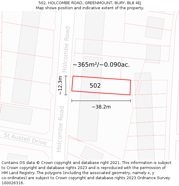 502, HOLCOMBE ROAD, GREENMOUNT, BURY, BL8 4EJ: Plot and title map