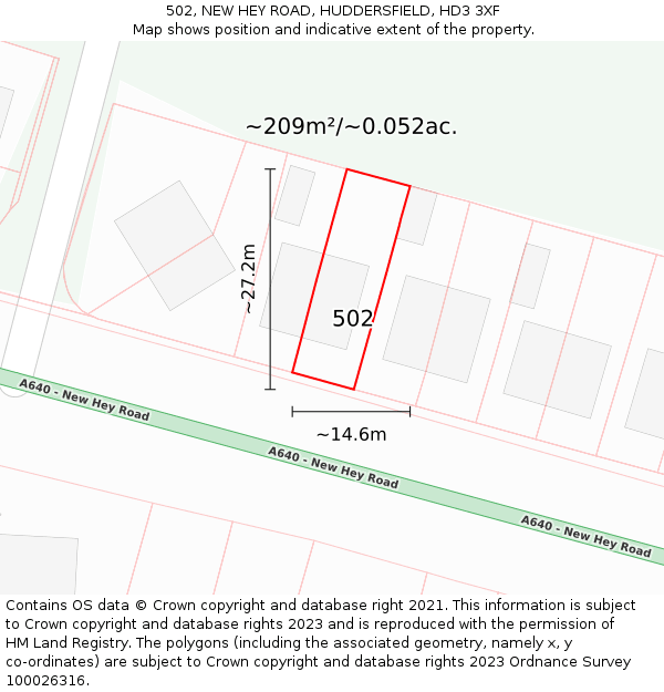 502, NEW HEY ROAD, HUDDERSFIELD, HD3 3XF: Plot and title map