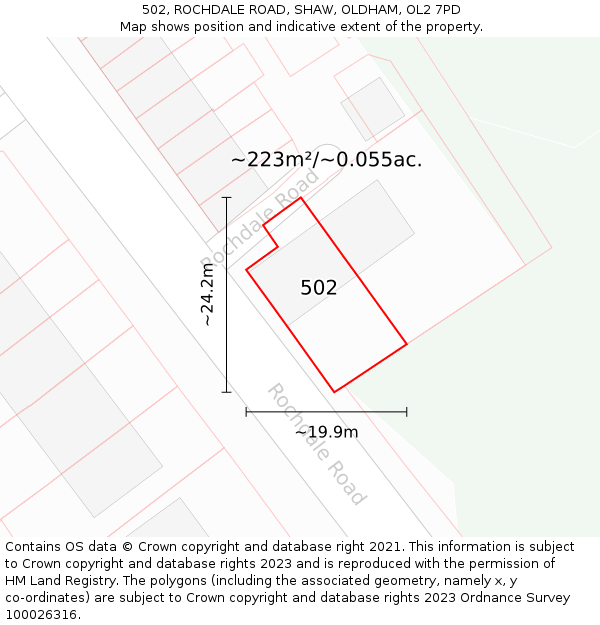 502, ROCHDALE ROAD, SHAW, OLDHAM, OL2 7PD: Plot and title map