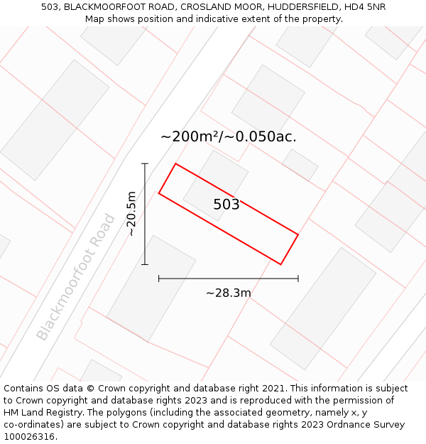 503, BLACKMOORFOOT ROAD, CROSLAND MOOR, HUDDERSFIELD, HD4 5NR: Plot and title map