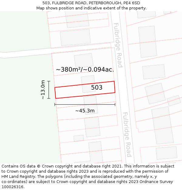 503, FULBRIDGE ROAD, PETERBOROUGH, PE4 6SD: Plot and title map