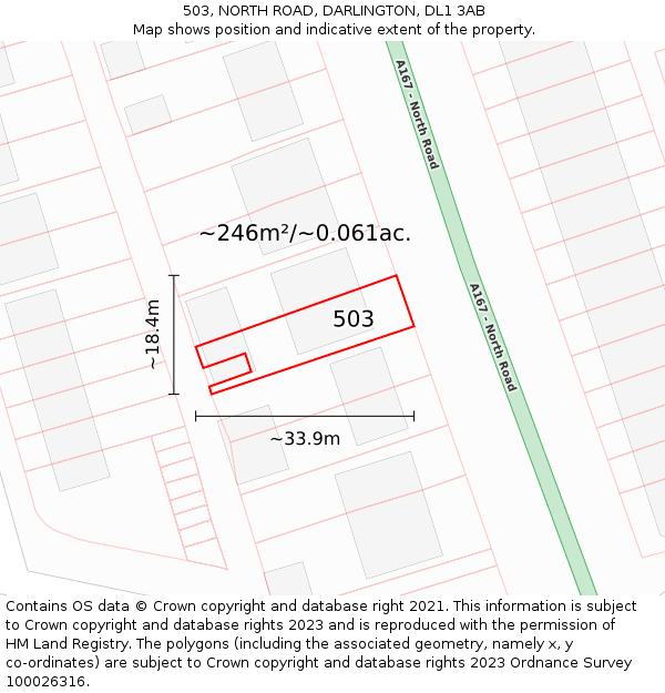 503, NORTH ROAD, DARLINGTON, DL1 3AB: Plot and title map