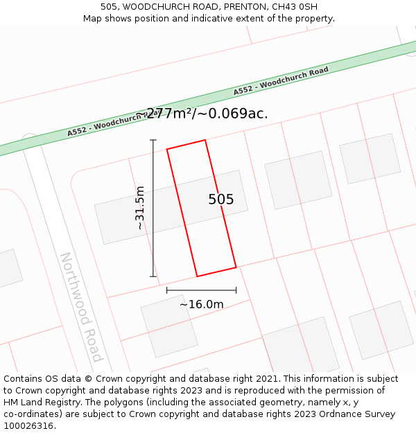 505, WOODCHURCH ROAD, PRENTON, CH43 0SH: Plot and title map