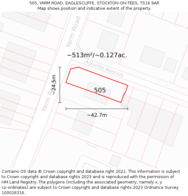 505, YARM ROAD, EAGLESCLIFFE, STOCKTON-ON-TEES, TS16 9AR: Plot and title map